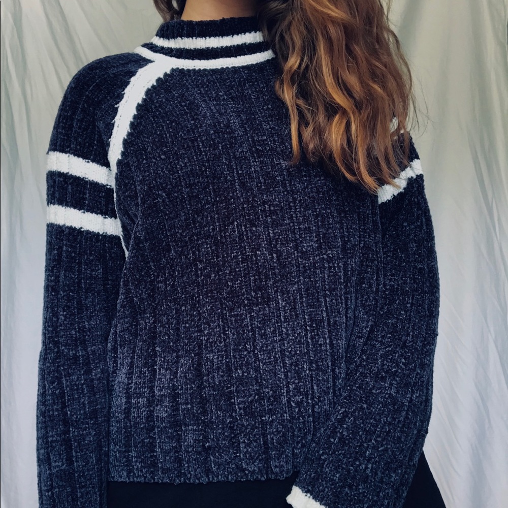 Indigo Mock Neck Sweater w/ White Detailing